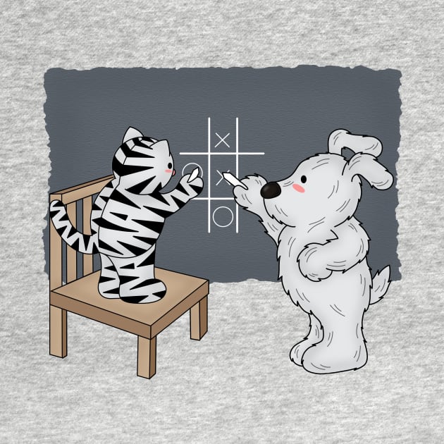 Cat and dog playing tic tac toe by Athikan